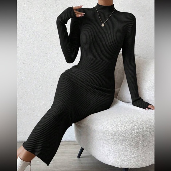 Sexy mock neck ribbed long sleeve bodycon fitted maxi sweater dress - Picture 15 of 16